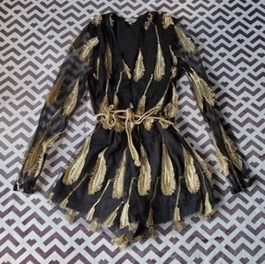 Black and Gold Romper with Sheer Sleeves